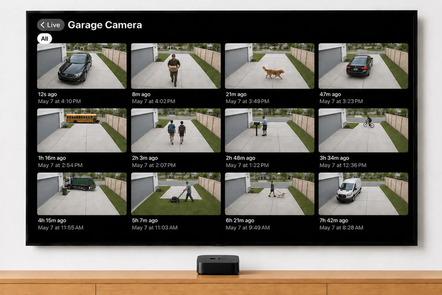 Video Wall showing the Garage Camera event history with multiple recent clips