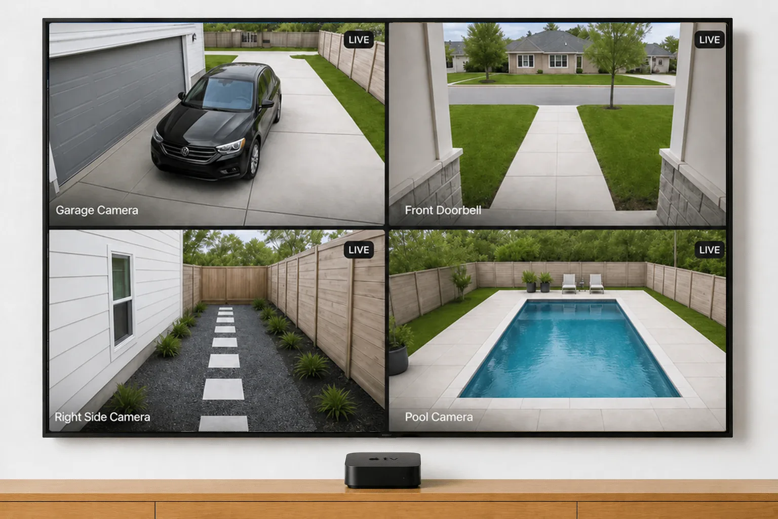 Video Wall showing four security cameras in a 2x2 grid: garage, front doorbell, right side, pool