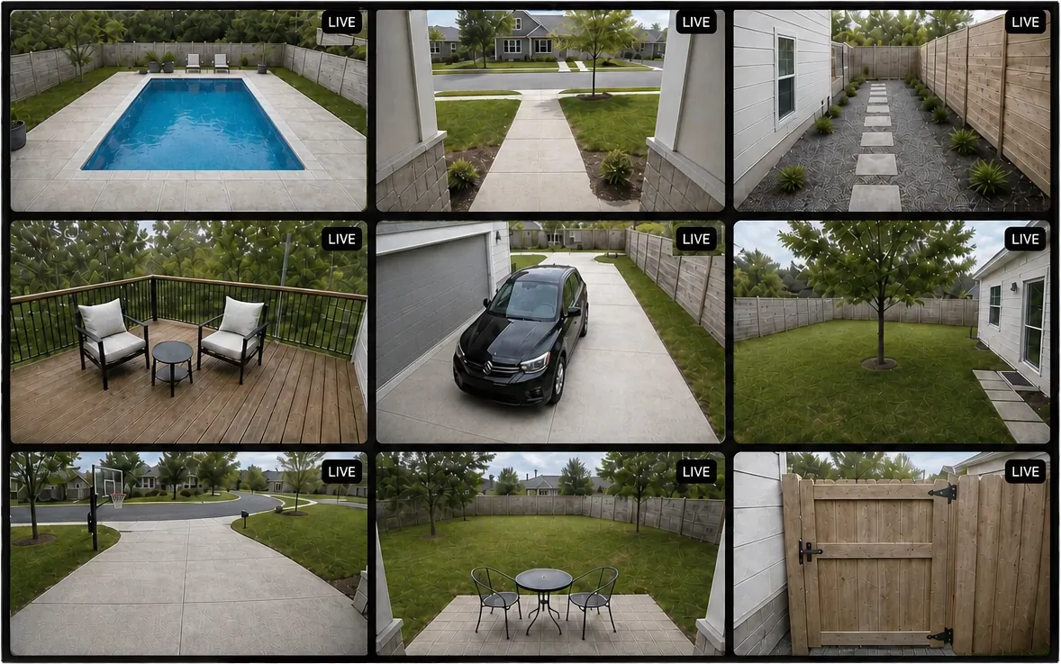 Video Wall showing nine Ring camera feeds live on a TV