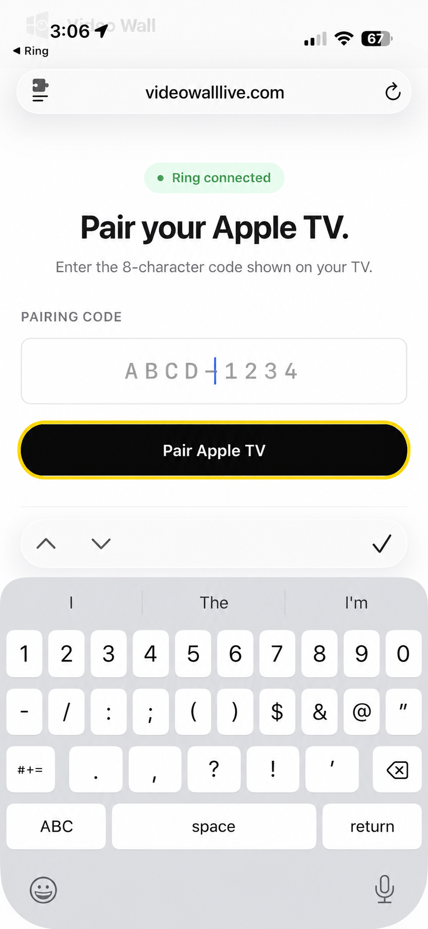 Pair Apple TV screen with pairing code entry field