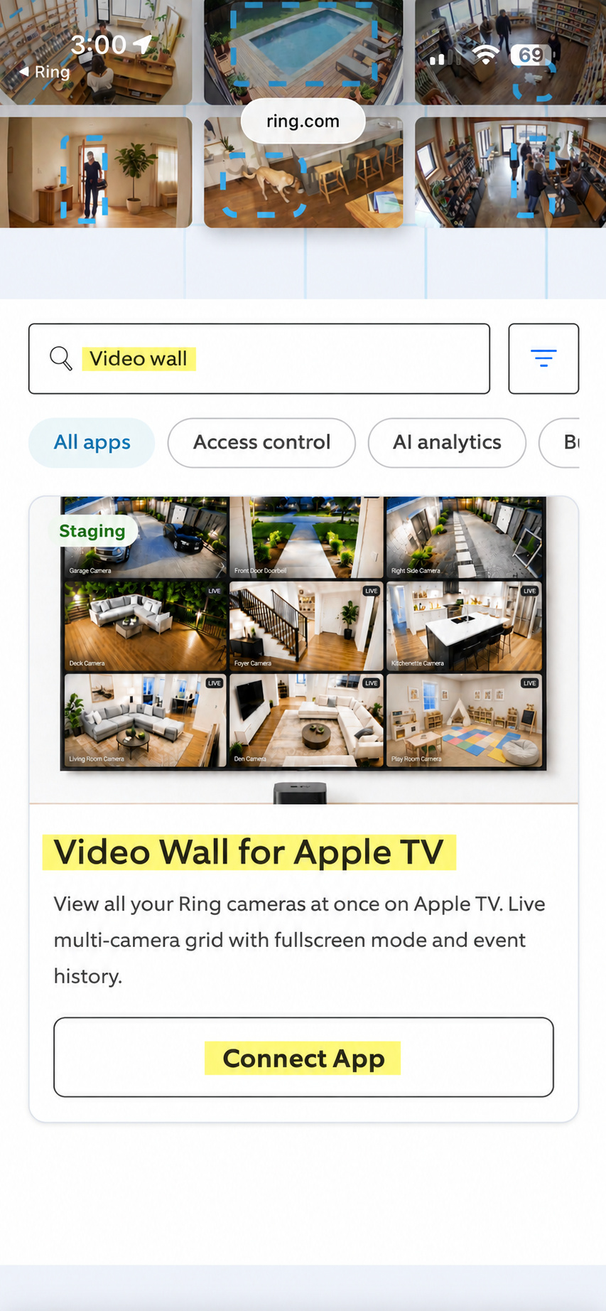 Ring Appstore search results with Connect App highlighted