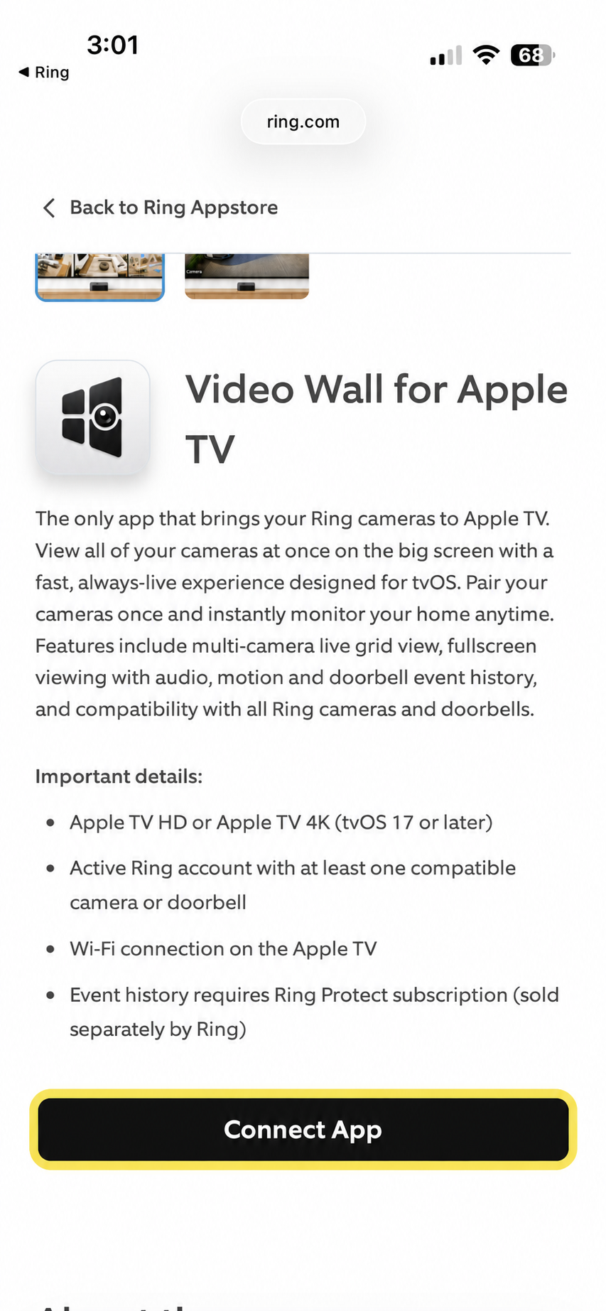 Video Wall for Apple TV detail page with Connect App button