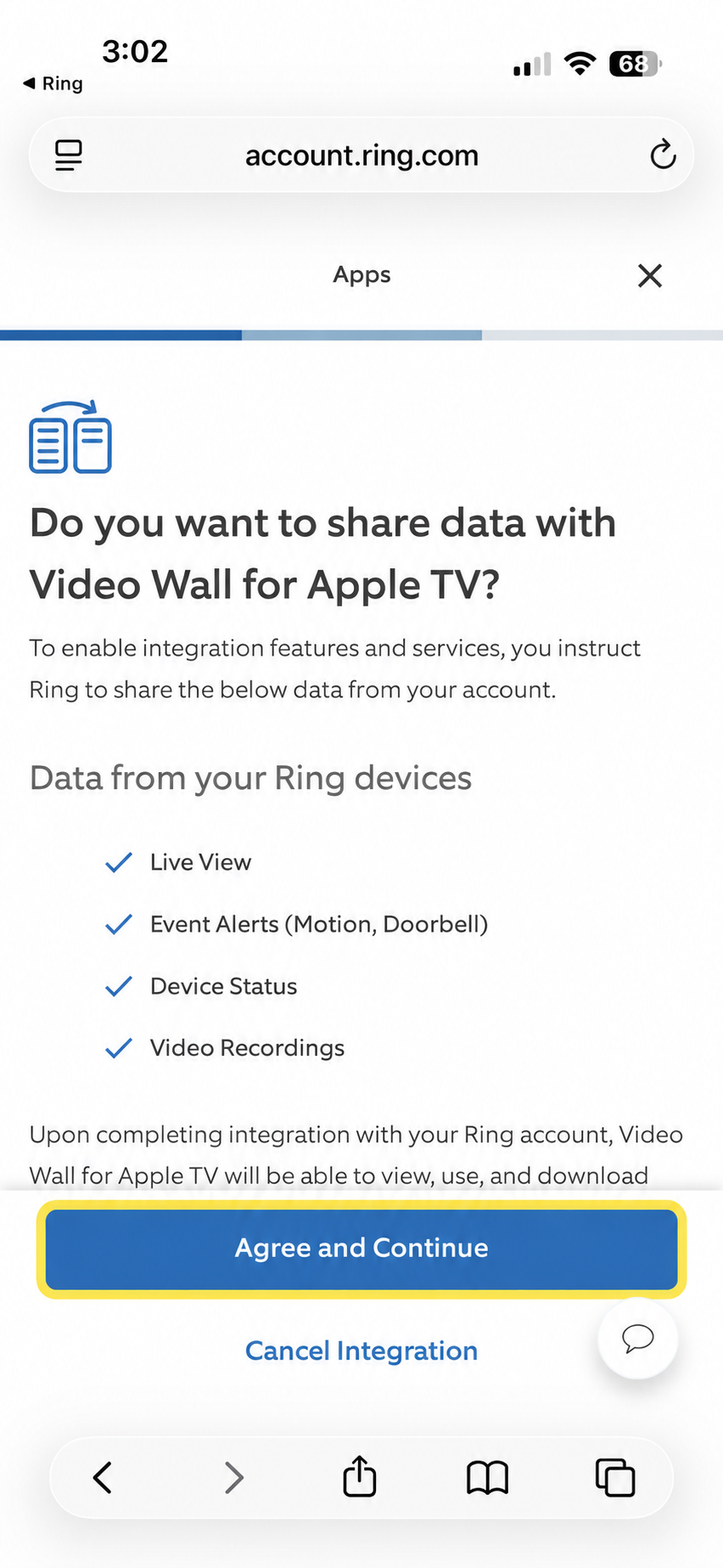 Data sharing consent screen with Agree and Continue button