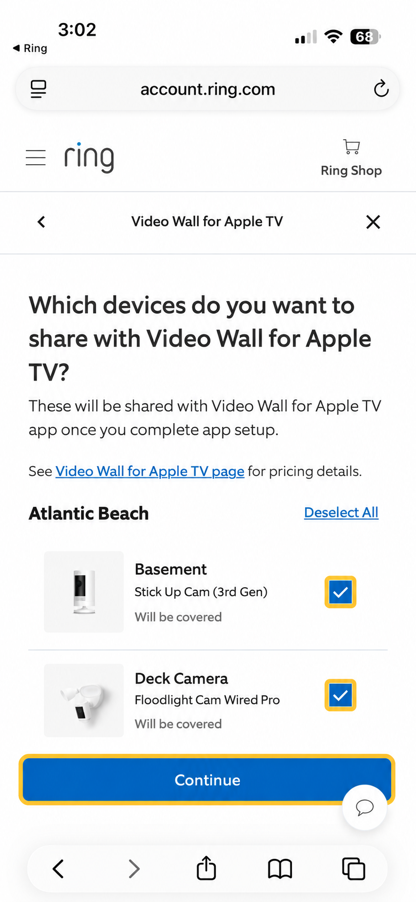 Camera selection screen with Continue button