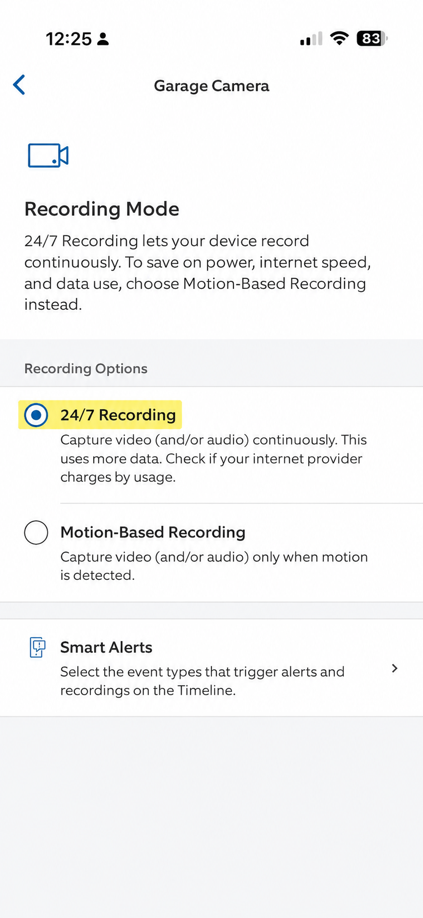 Recording Mode options with 24/7 Recording selected