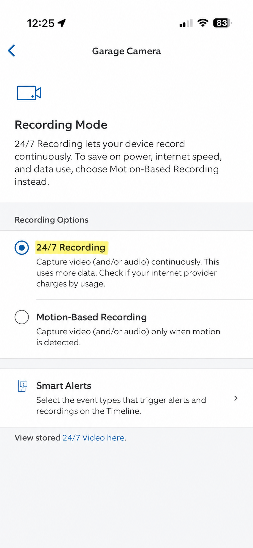 Recording Mode set to 24/7 Recording