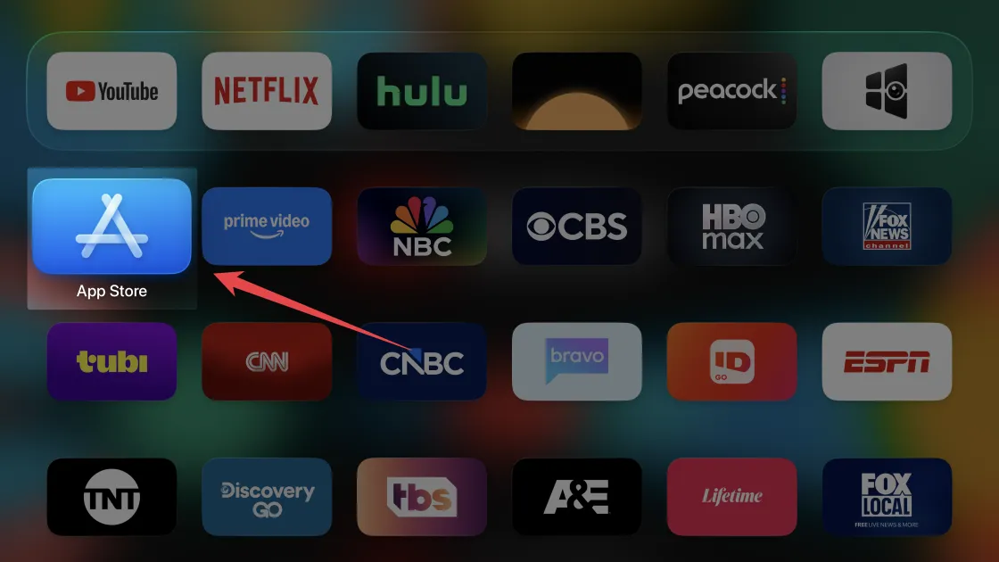 Apple TV home screen with the App Store icon selected