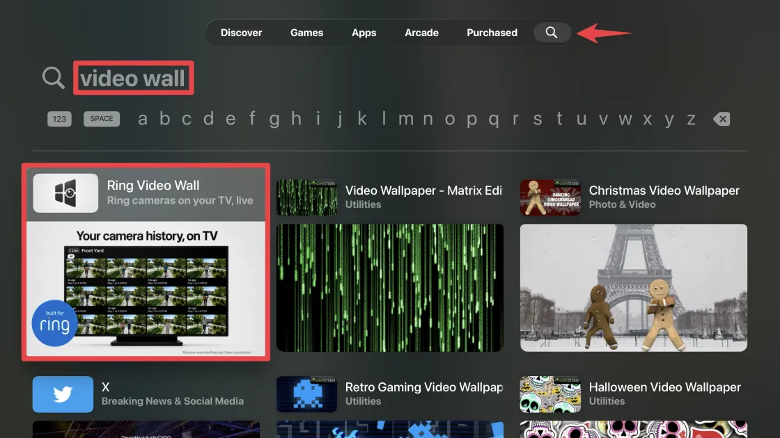 Apple TV App Store search results showing Video Wall for Apple TV
