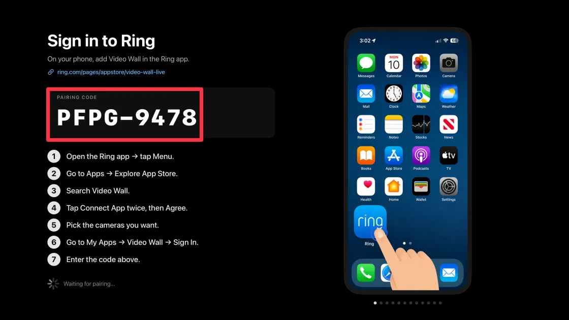 Video Wall on Apple TV displaying the 8-character pairing code